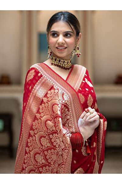 MYSMAR Red Banarasi Soft Silk Saree -TRNM3124| Red