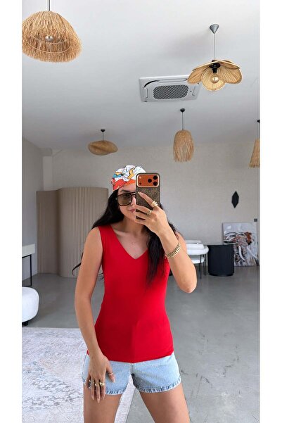 Buket Teke Red Front and Back V-Neck Viscose Undershirt