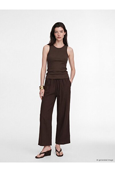 LC Waikiki Lcw Comfort Brown Wide Leg Women's Trousers with Elastic Waist