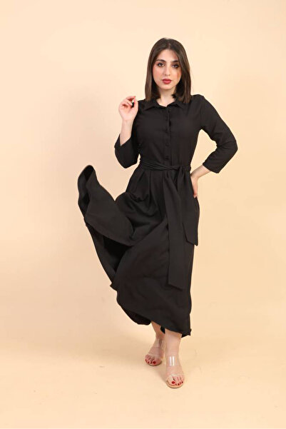 FIRST STYLE فستان تركي كلاسيكي باللون الأسود بأزرار أمامية وبقصة مائلة