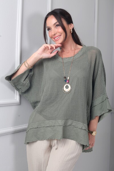 By Saygı Women's Italian Boat Neck Athlete Mesh Linen Bohemian Blouse