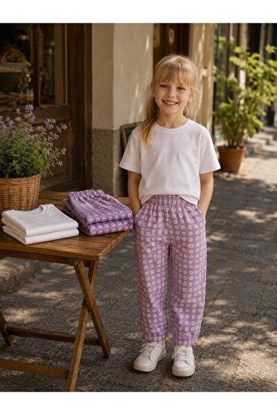 elzo collection Girl's Lavender Bloom Floral Patterned Gabardine Trousers Whi...