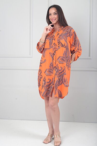 By Saygı Women's Shawl Patterned Double Pocket Italian Cotton Shirt Dress