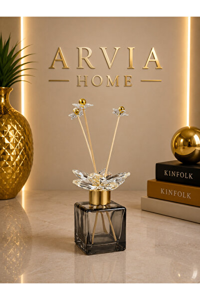 ARVİA HOME Kristal Çiçek Detaylı Oda Kokusu Difüzörü Gold Cam Şişe Dekoratif ...