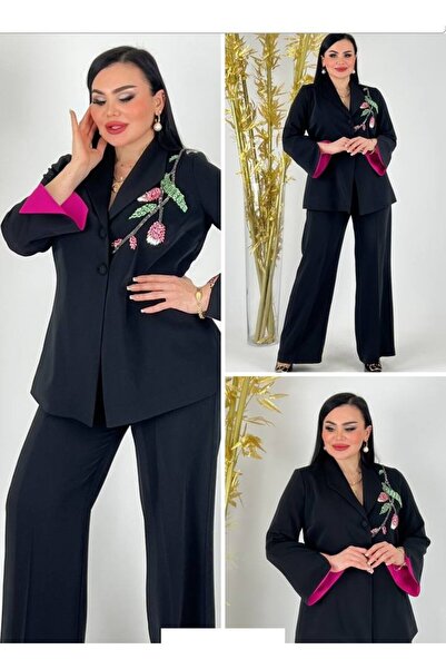 mardi exclusive Women's Plus Size Embroidered Blazer Jacket Pants Set
