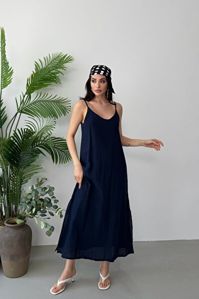 Serica Moda Navy Blue Lined Muslin Dress with Adjustable Drawstring Straps