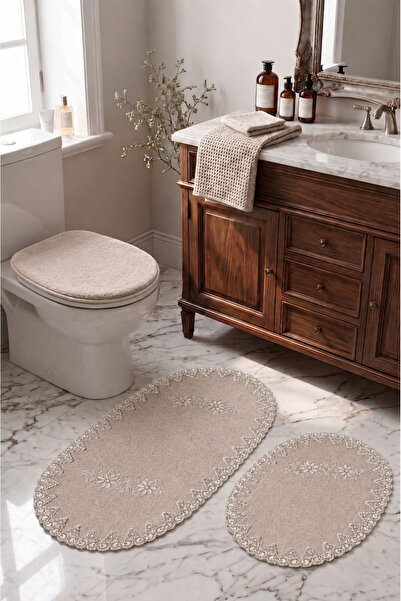 Bonny Home Mink 3-Piece French Lace Luxury Bath Mat Set with Non-Slip Base, D...