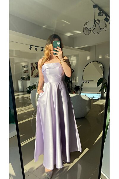 Ezgie Atelier Lila Saten cepli midi boy abiye elbise