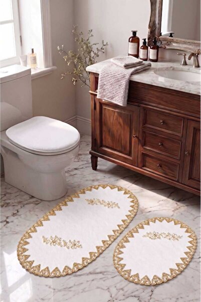 Bonny Home Gold 3-Piece French Lace Luxury Bath Mat Set with Non-Slip Base, D...