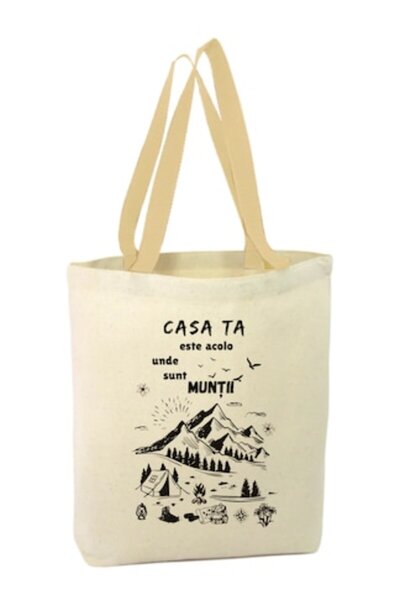 OEM Canvas tote bag with zipper, white handle, mountain pattern