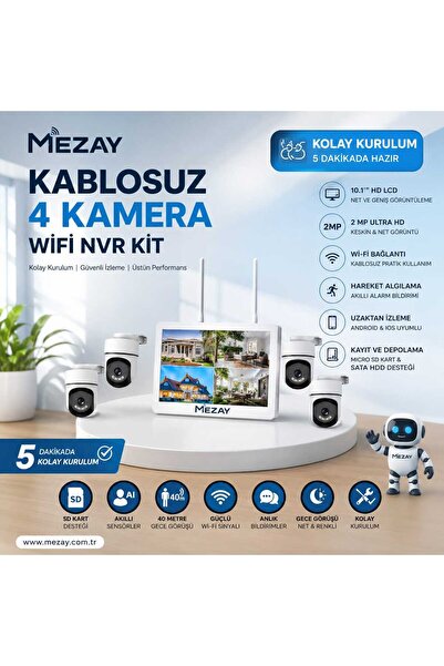 mezay Kablosuz 4’lü WiFi Güvenlik Kamera Seti – Monitör Dahil Kolay Kurulumlu...