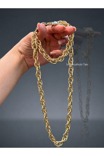 XUPING JEWELRY Xuping Kalın Halka Zincir Kolye ve Bileklik Seti / 14K Gold Ka...
