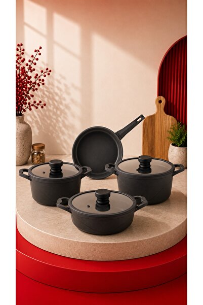 Vivaldi Akad Döküm Granite 7 Piece Cookware Set Black