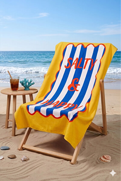 ASDİVA Salty & Happy Written Yellow Blue Striped Beach Towel 75X150