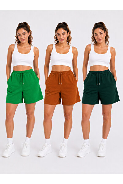POLYMOOD 3'Lü Set Oversize Belden Bağlamalı Cepli Penye Şort 40 CM