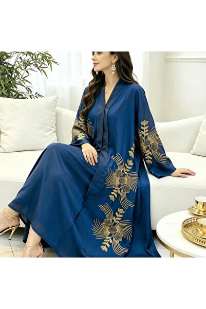 Bleco Luxury Gold Phoenix Embroidered V‑Neck Abaya | Elegant Dubai Open Cardi...