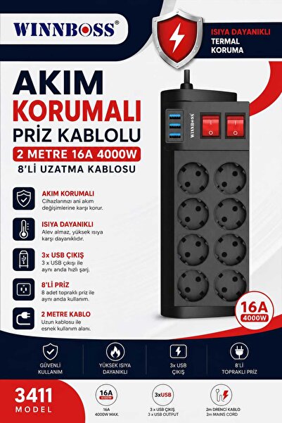 WINNBOSS Akım korumalı priz kablolu 2M