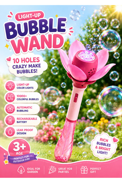 Selvira Işıklı Çiçek Bubble Otomatik Baloncuk Makinesi – Şarjlı LED Işıklı Köpük Balon Oyuncağı