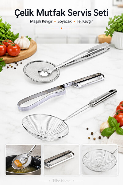 Tilbe Home Çelik Maşalı Kızartma Yağ Süzgeci Metal Yan Soyacak Patates Soyaca...