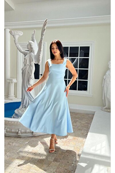 Moda Banuş Thick Straps and Ruffles - Baby Blue Dress with Lace-Up Back