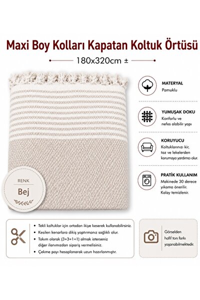 Mandaş Bej - Pamuklu Kaymaz Hasır Dokuma Maxi Boy Kolları Örten Koltuk Örtüsü (180x310)