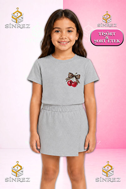 SİNREZ Girl's Set Cherry Ribbon Leopard Pattern Ust Printed Short Sleeve T-Sh...