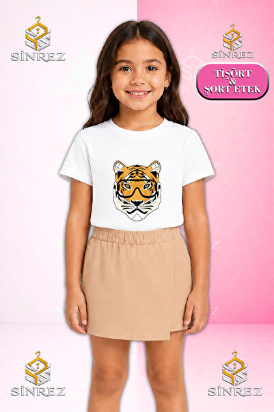 SİNREZ Set pentru fete TIGER EYEGLASSES HEAD Imprimat cu mânecă scurtă Tricou...