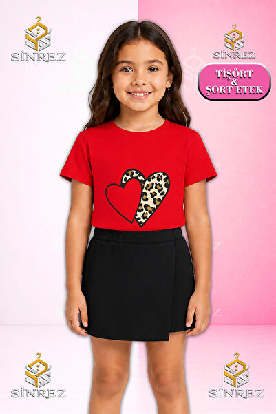 SİNREZ Set pentru fete HEART 2LI BOS cu imprimeu leopard, tricou cu mânecă sc...