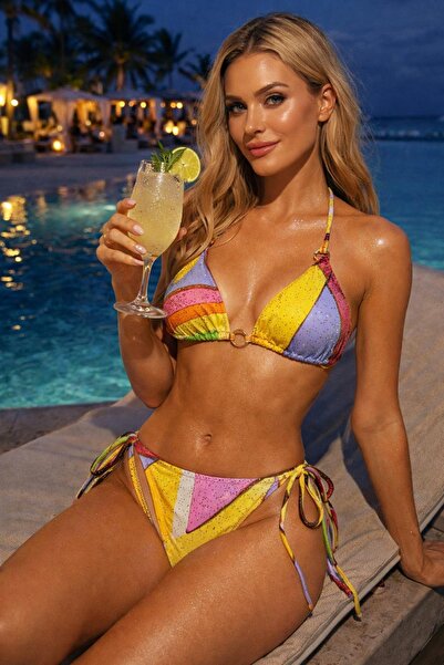 TR ELENSEA Sunset Glow Renkli Sim Detaylı Üçgen Bikini Takımı
