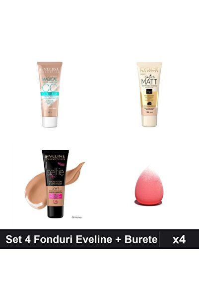 Eveline Set 4 Fonduri de Ten Eveline, Nuante Beige Honey, Include Burete Makeup