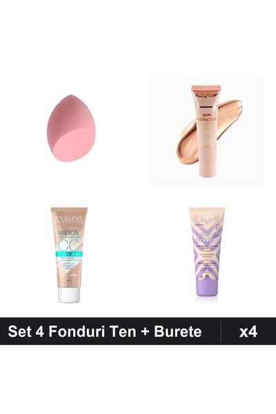 Eveline Set 4 Fonduri Ten & Ruby Rose, Nuante 02 Beige, Burete Makeup
