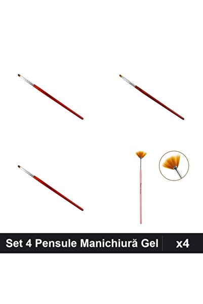 NAİLS Set 4 Pensule Manichiură Gel, Evantai și Limbă Pisică, Aplicare Profesi...
