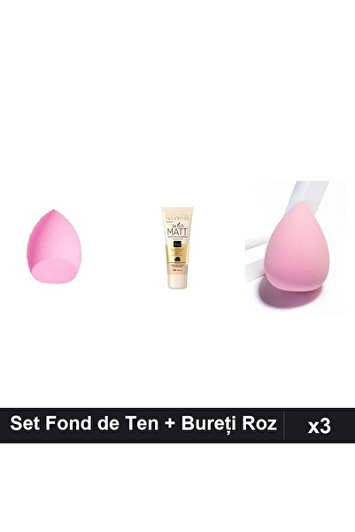 Makeup Set 3 Fond de Ten Eveline Satin Matt 102 Vanilla 30ml + 2 Bureți Roz