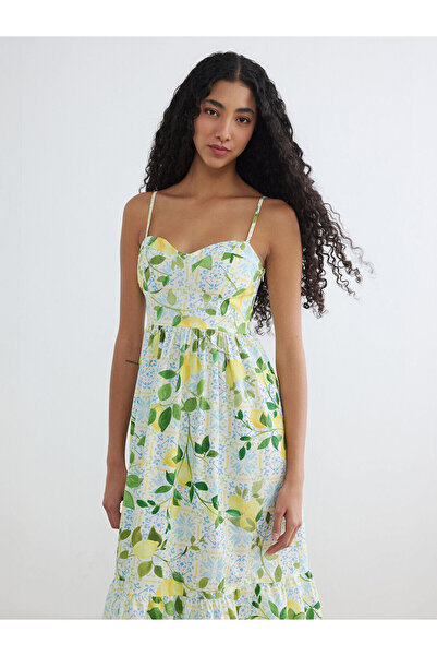 LC Waikiki Nevavm Lemon Patterned Layered Dress with Drawstring and Strap Detail