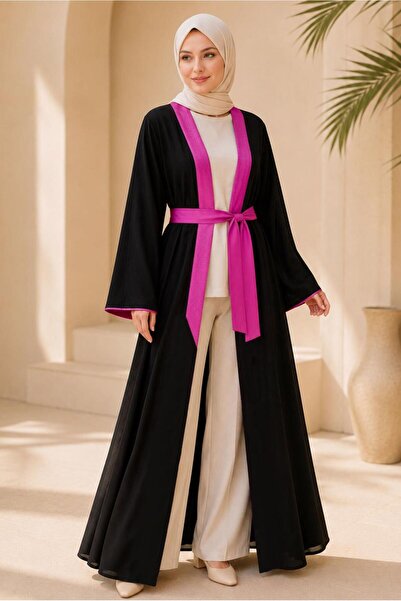 TRENDTESETTÜR KADIN SİYAH KUŞAKLI DESENLİ ABAYA T 99014