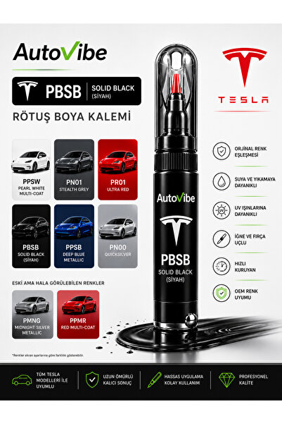 AutoVibe Tesla Rötuş Boya Kalemi PBSB Solid Black 2’si 1 Arada