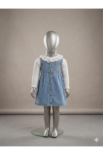 Asortix Kız Bebek Kot Jile Elbise Beyaz Body 2’li Takım-ELB-0053