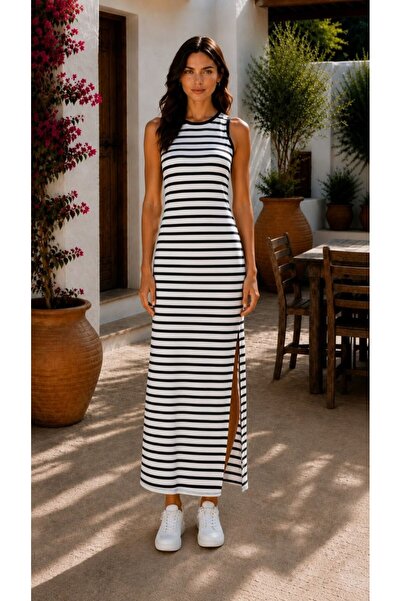 KEHER Women's Crew Neck Maxi Dress with Slit Detail