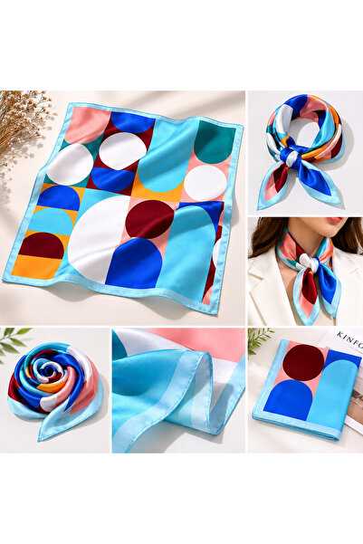 Geometrik Desenli Mavi Saten Dokulu Fular / Bandana / Eşarp - 70*70 cm