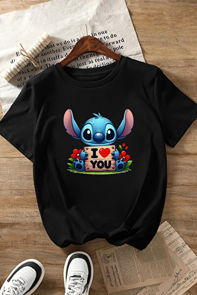 Canlook تي شيرت قطني مطبوع عليه I love You للفتيات من ستيتش