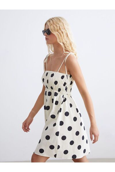 LC Waikiki Xside Beige Polka Dot Waist-Fitted Linen Blend Dress with Rope Straps