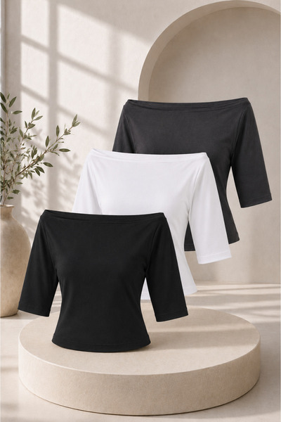COMBİNE MİCHAİL Women's Cotton Summer Basic 3-Piece Blouse