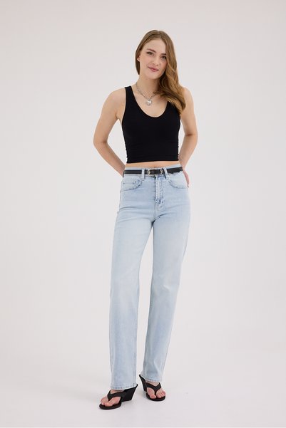 cracpot Kadın Açık Mavi Kar Yıkama Straight Fit Jean Pantolon – Yüksek Bel Likralı Uzun Boy Denim