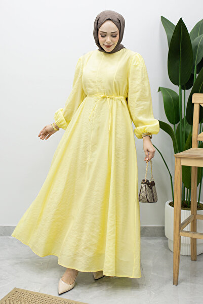 Tesettür Dünyası Lina Dress with Stitching and Lacing Detail Tsd260223 Yellow
