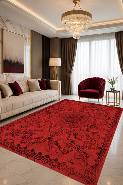 Bordo Halı Kırmızı Siyah Otantik Desenli Kaymaz Keçe Taban Halı Modern Salon ...