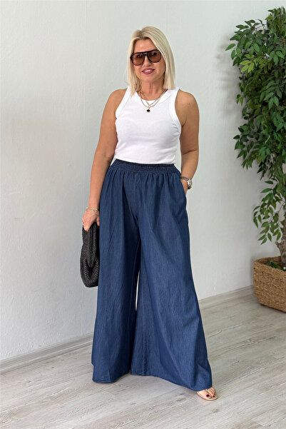 By Esra Celkan Blue Elastic Waist Wide Leg Slim Denim Trousers