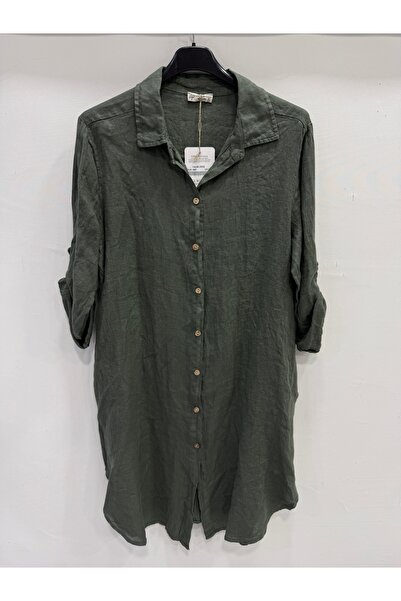 della moor Khaki Italian Folded Long Sleeve Linen Tunic Shirt Dress 38 - 42 Size