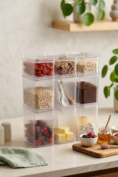 Kitchen Life 9'lu Etiketli Vakumlu Dikdörtgen Kavanoz Seti(3x2,7LT-3x1,6LT-3x...