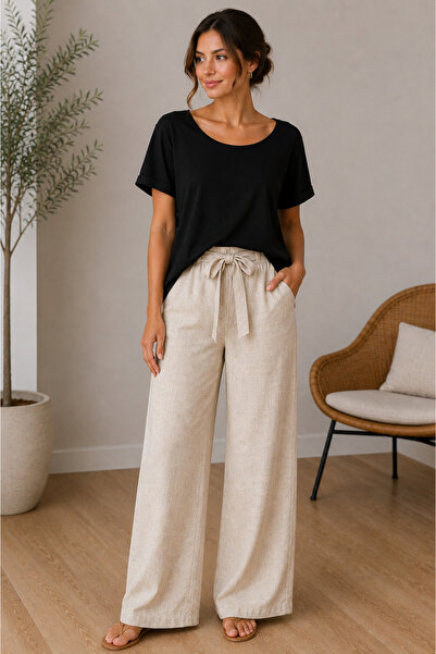 Hayalet Cotton Linen Palazzo Trousers – Comfortable Fit with Elastic Waist an...