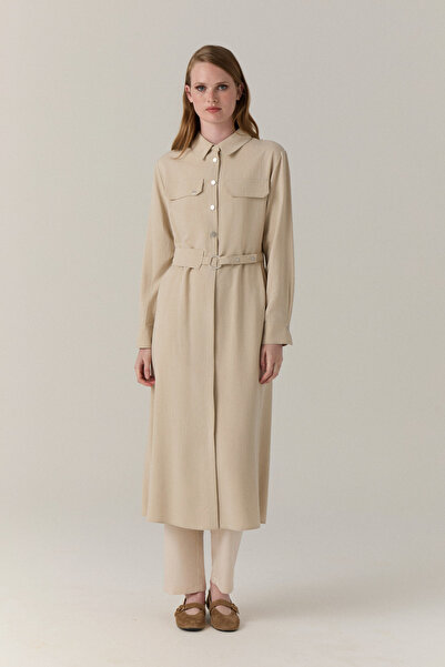 Zühre Belted Double Pocket Shirt Collar Beige Tunic 1667